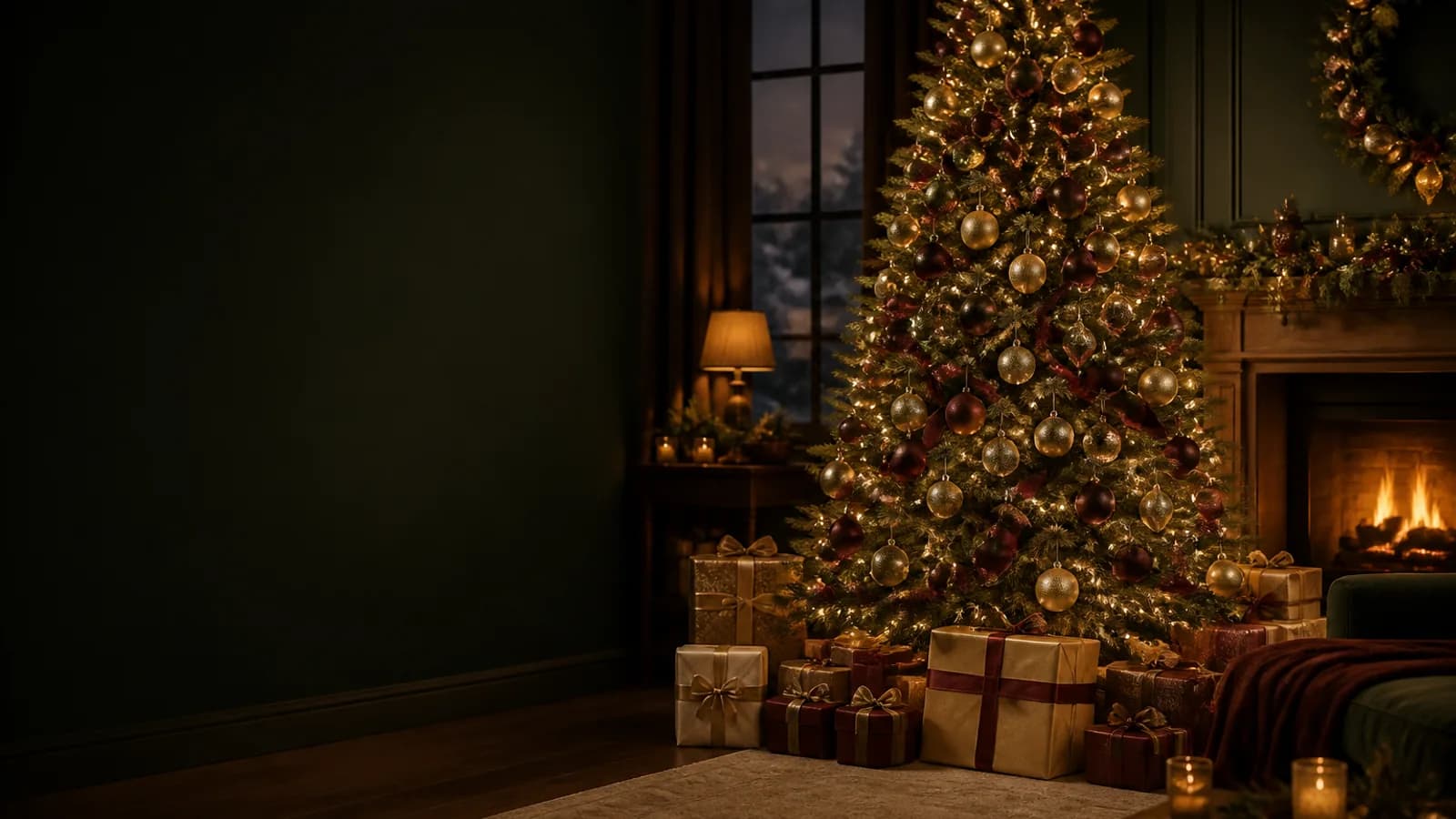 Christmas tree with warm lights and wrapped holiday gifts