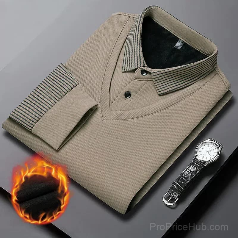 Men's Lapel Faux Two-Piece Knitted Shirt, Khaki, M - Main