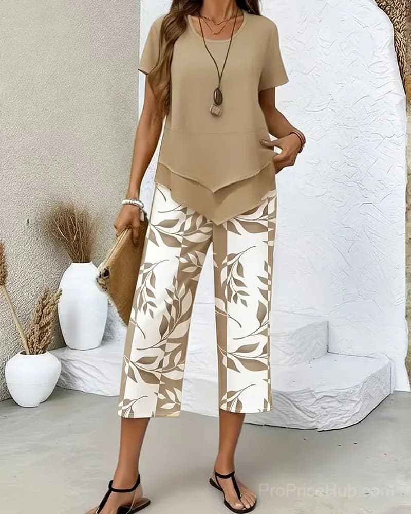 Printed Cropped Pants Casual Two-Piece Set, Green, US 4/S - View 5