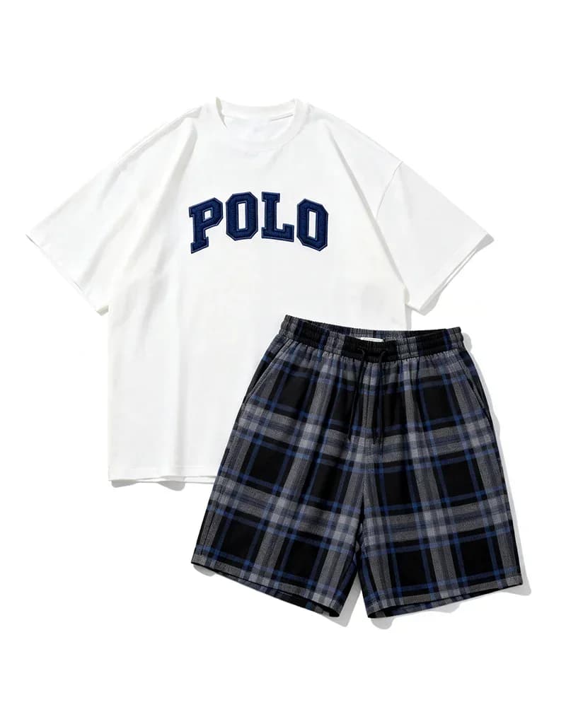Men's Big & Tall Vintage Plaid Polo Alphabet Print T-Shirt & Shorts Set - View 6