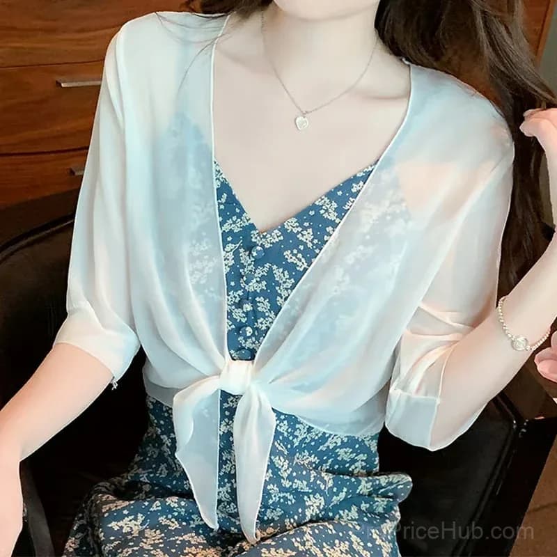 Women's Sheer Chiffon Tie-Front Cropped Top, Black, S - View 9
