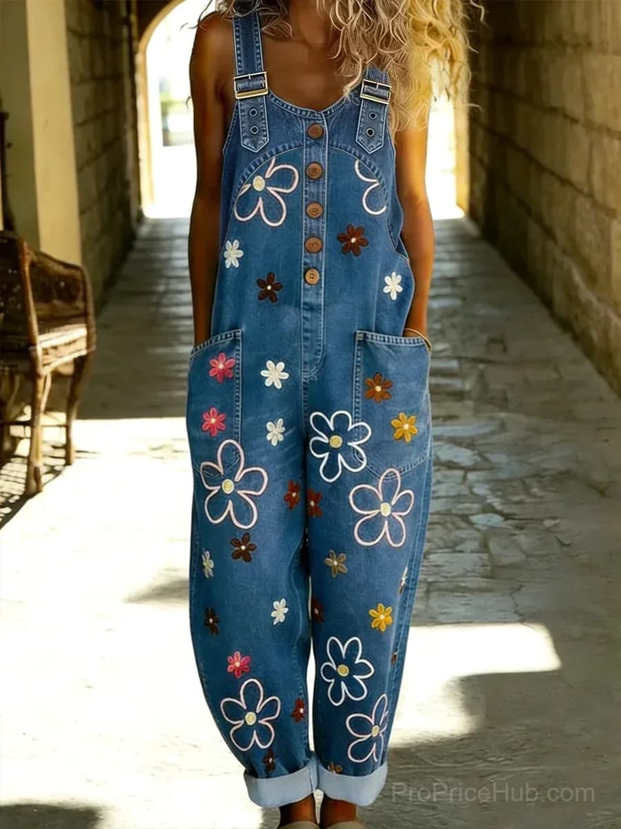 Women's Retro Floral Color-Blocked Washed Cotton Denim Jumpsuit - Main