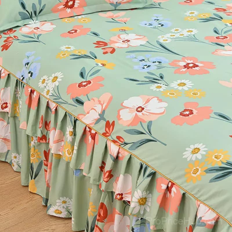 3-Piece Green Ruffled Bed Skirt Set, Cot Size 40 x 75 in - Alt