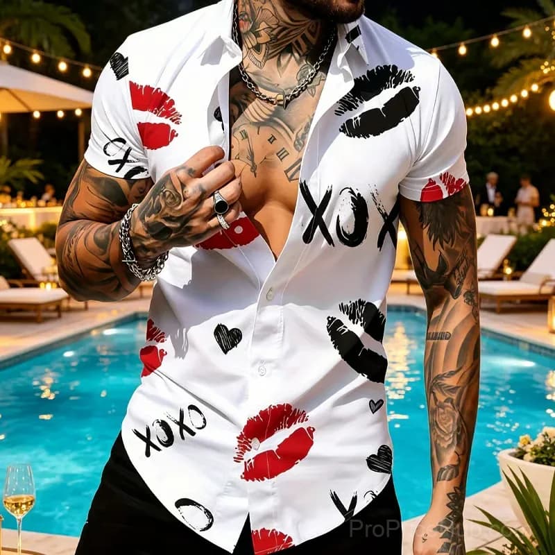Men's Kiss Print Short-Sleeve Button-Up Shirt, Small - View 4