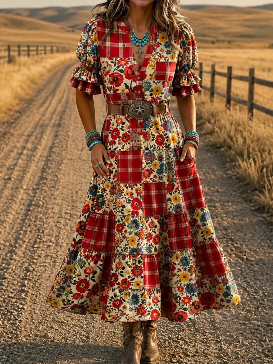 Retro Floral Art Print Midi Dress - Main