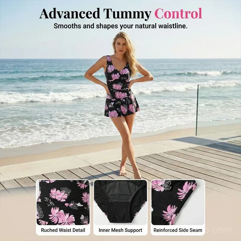 Women's Floral Print One-Piece Swimdress, Black, Size S - View 7