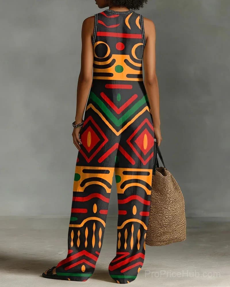 Geometric Print Linen Blend Sleeveless Jumpsuit with Zipper & Stand Collar - Alt