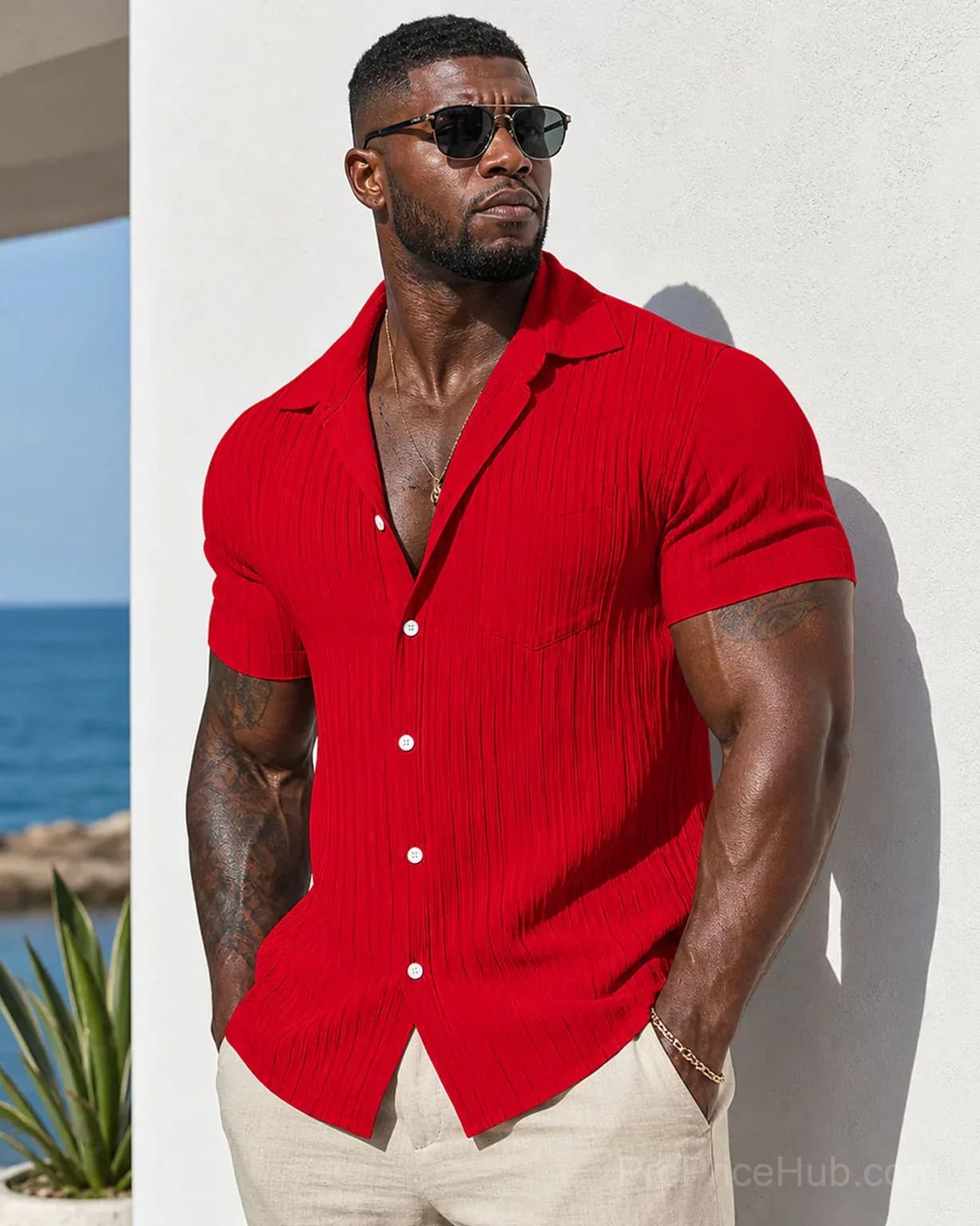 Men's Striped Jacquard Textured Short Sleeve Summer Beach Shirt - View 2