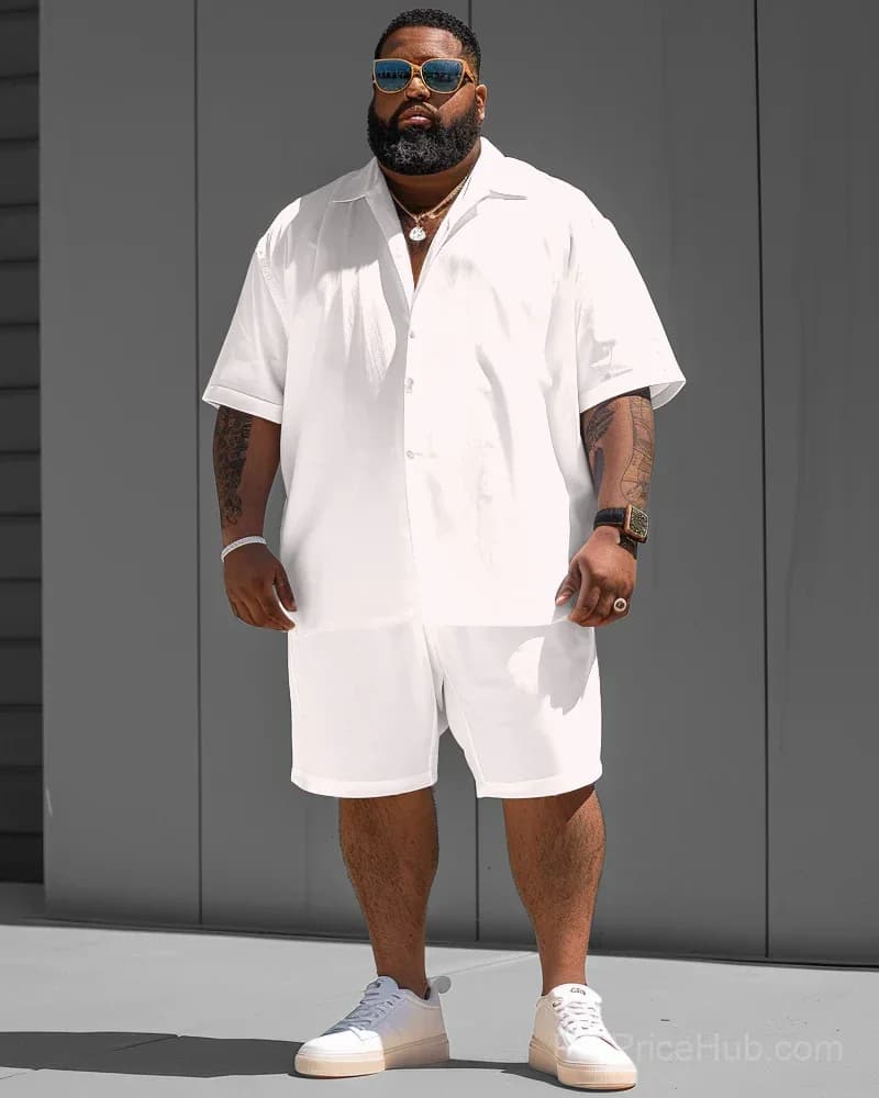 Big Guy White Solid Color Short Sleeve Shirt and Shorts Set - Main