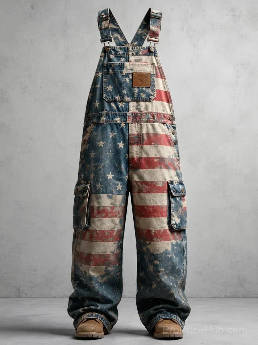 Men's Retro Art Print Patchwork Denim Jumpsuit - Main
