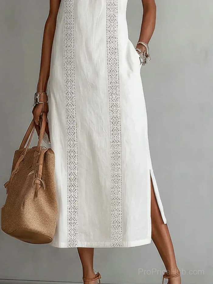 Retro Linen Lace Dress with Minimalist Design - Alt