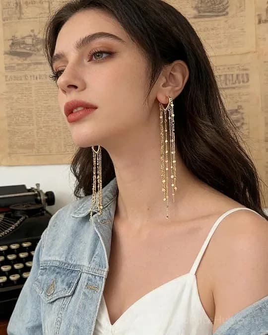 14K Gold Plated Long Tassel Earrings for Women - Alt