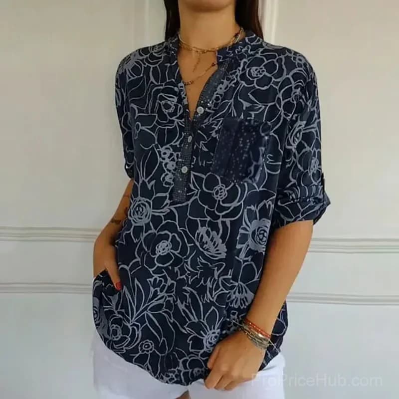 Blue Printed Round Neck Button-Down Blouse, US 4/S - View 2