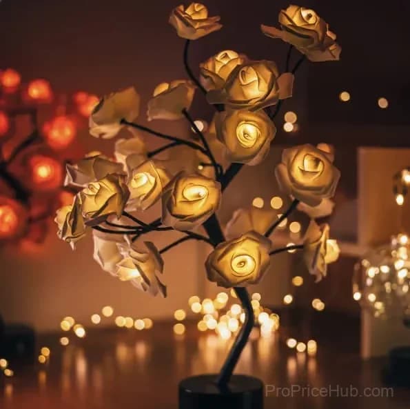 Rose Flower Tree Night Light, Multicolor with Black Base - View 2