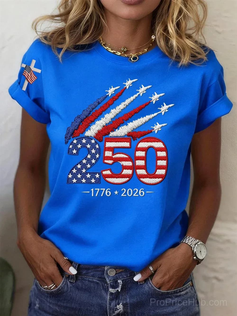 Women's USA 250th Anniversary Embroidered Print Crew Neck Short Sleeve T-Shirt - Main
