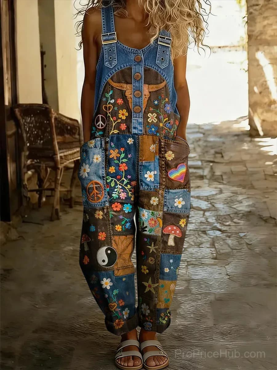 Women's Retro Floral Color-Block Denim Patchwork Jumpsuit - View 2