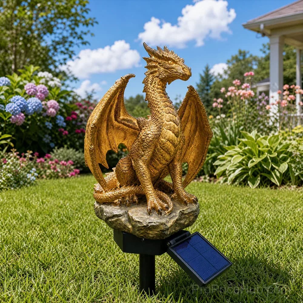 Gothic Dragon Golden Fire Solar Landscape Light - View 9