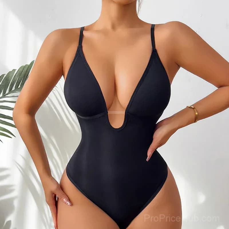 Women's V-Neck Waist Shaping Bodysuit, Black, Size S - Main