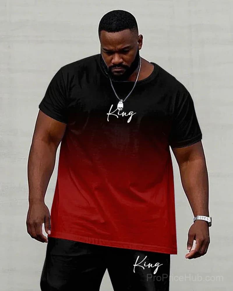 Men's Plus Size Red & Black Gradient King Print Tee & Pants Set - Alt