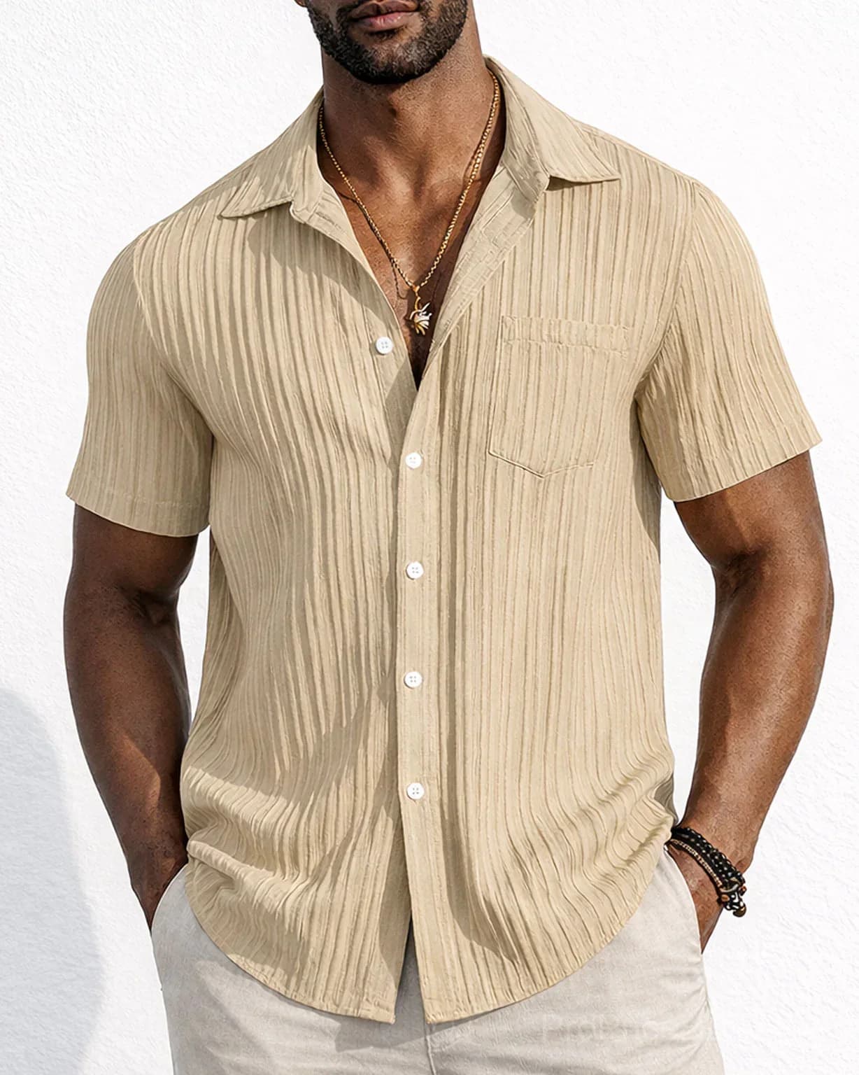 Men's Striped Jacquard Textured Short Sleeve Summer Beach Shirt - View 5