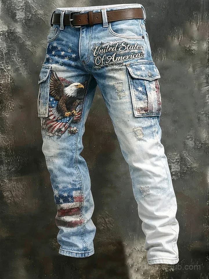 Men's Retro American Eagle Art Print Casual Workwear Trousers - Main