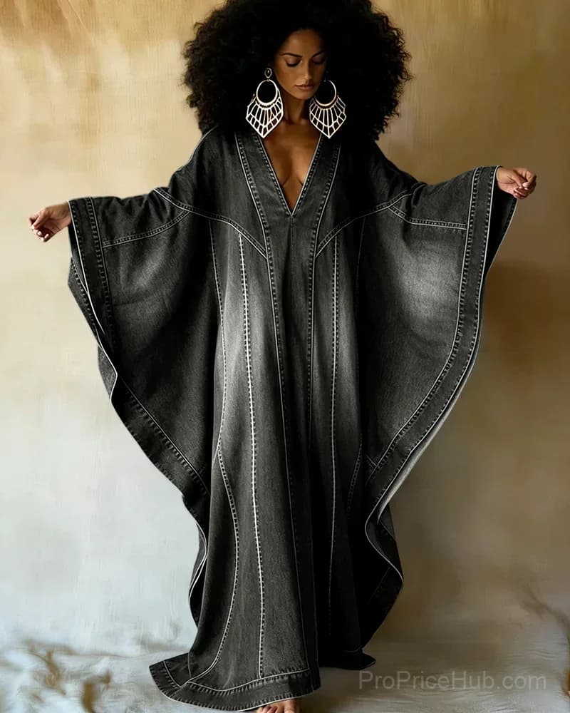 Washed Denim Texture Print V-Neck Long Kaftan Dress - View 3