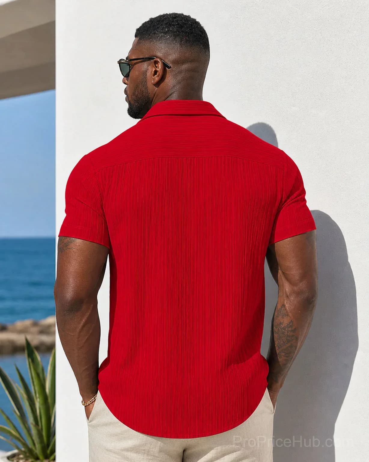 Men's Striped Jacquard Textured Short Sleeve Summer Beach Shirt - View 7