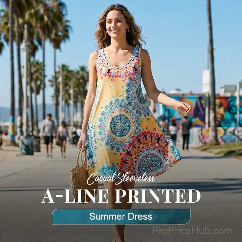 Yellow Sleeveless A-Line Printed Summer Dress, XL - View 2