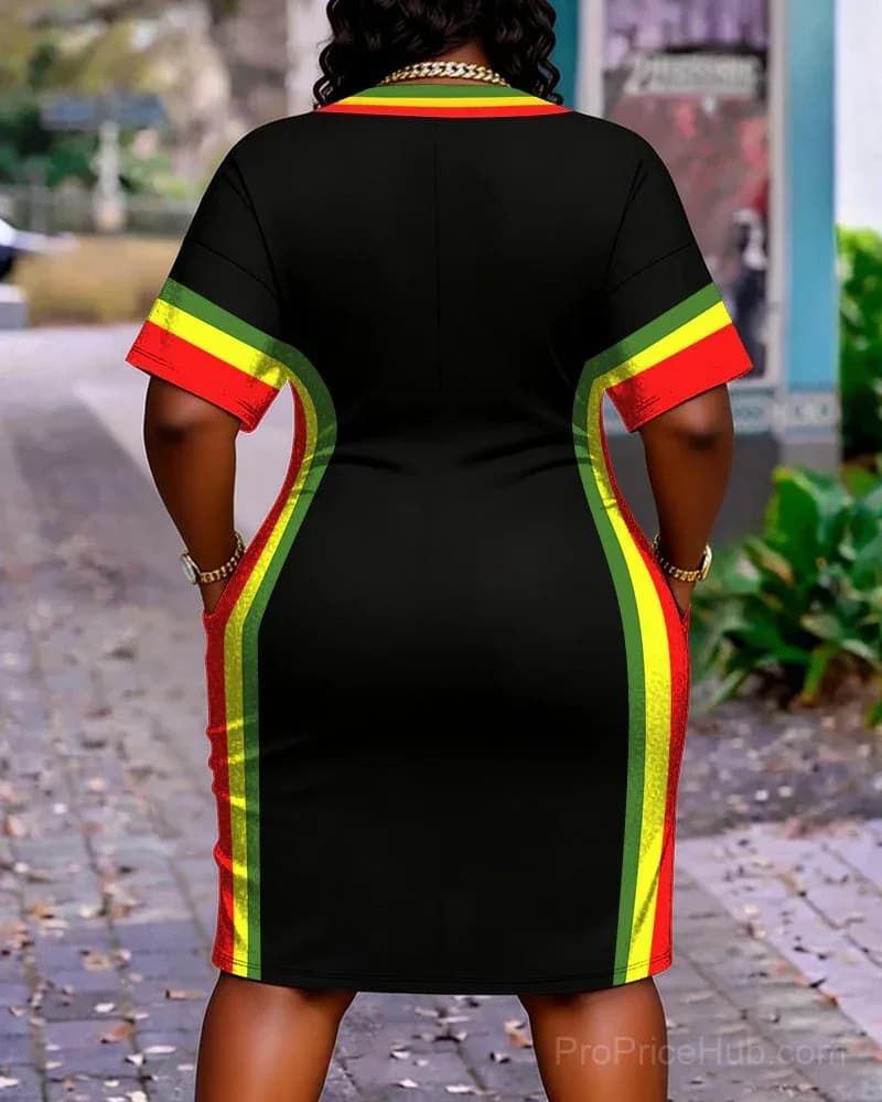 Women's V-Neck Black Patchwork Midi Dress with Pockets - Alt