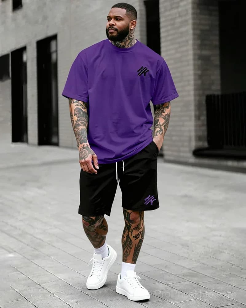 Big & Tall Men's Dark Brown Letter Print T-Shirt & Shorts Set - View 10