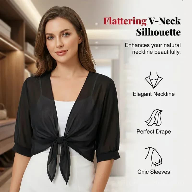 Women's Sheer Chiffon Tie-Front Cropped Top, Black, S - View 4