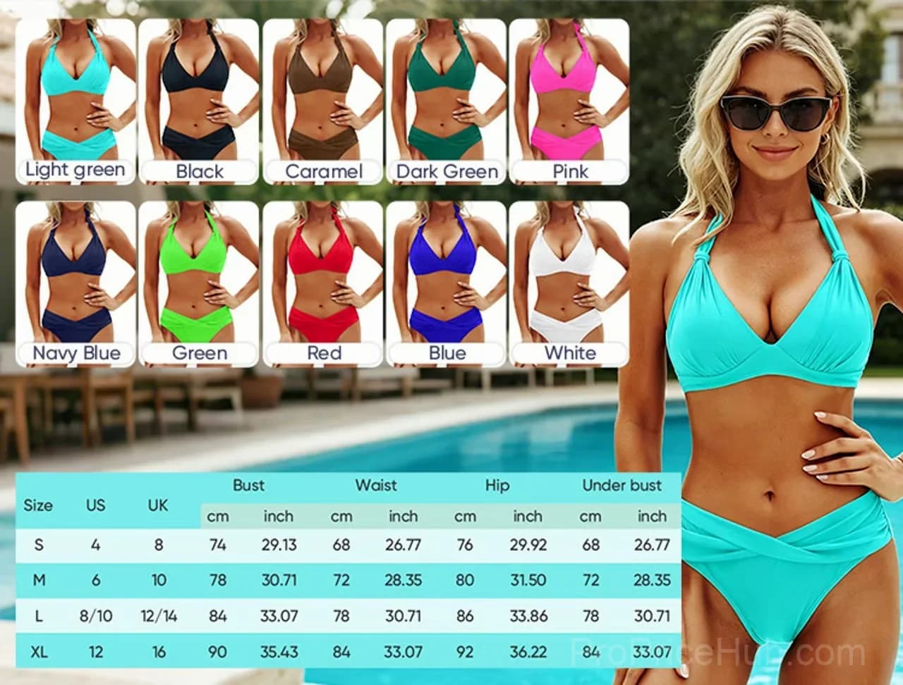 Solid Halter Push-Up High-Waist Bikini Set, Light Green, US 4(S) - Main