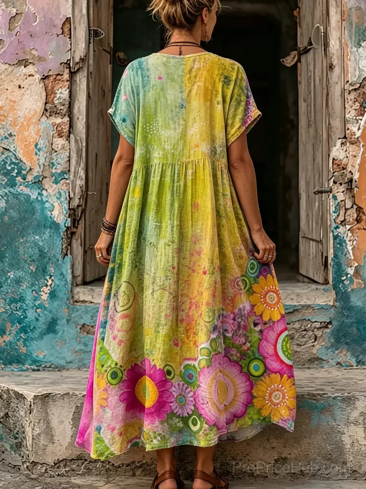 Women's Psychedelic Floral V-Neck Short Sleeve Maxi Dress - Alt