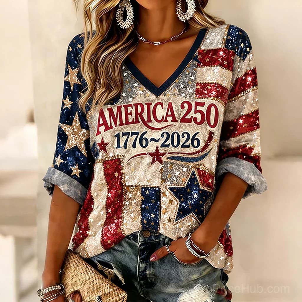 Women's America's 250th Anniversary Print V-Neck 3/4 Sleeve T-Shirt - Main