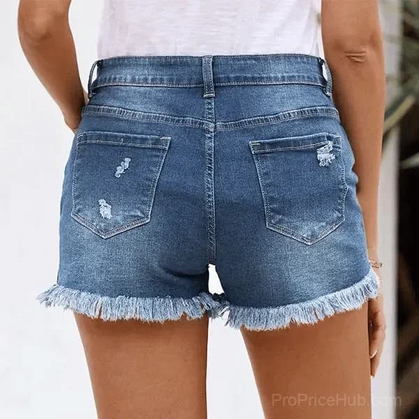 Women's Mid Rise Stretch Denim Shorts, Ripped Raw Hem - Alt