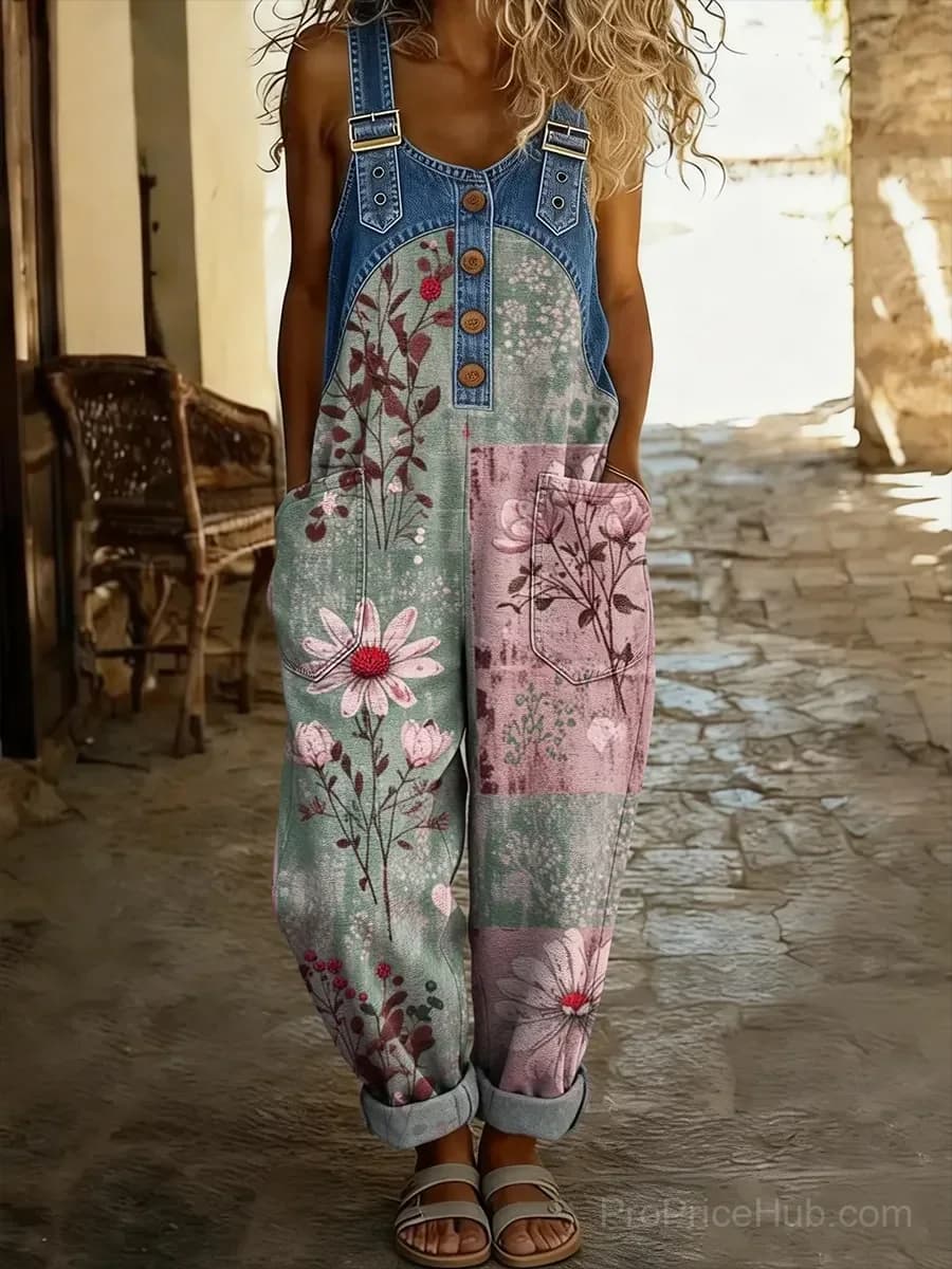 Women's Casual Washed Cotton Denim Patchwork Jumpsuit - View 3