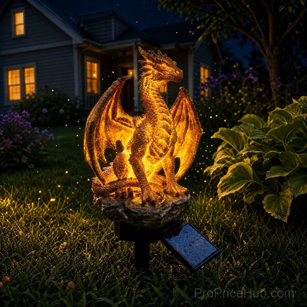 Gothic Dragon Golden Fire Solar Landscape Light - View 11