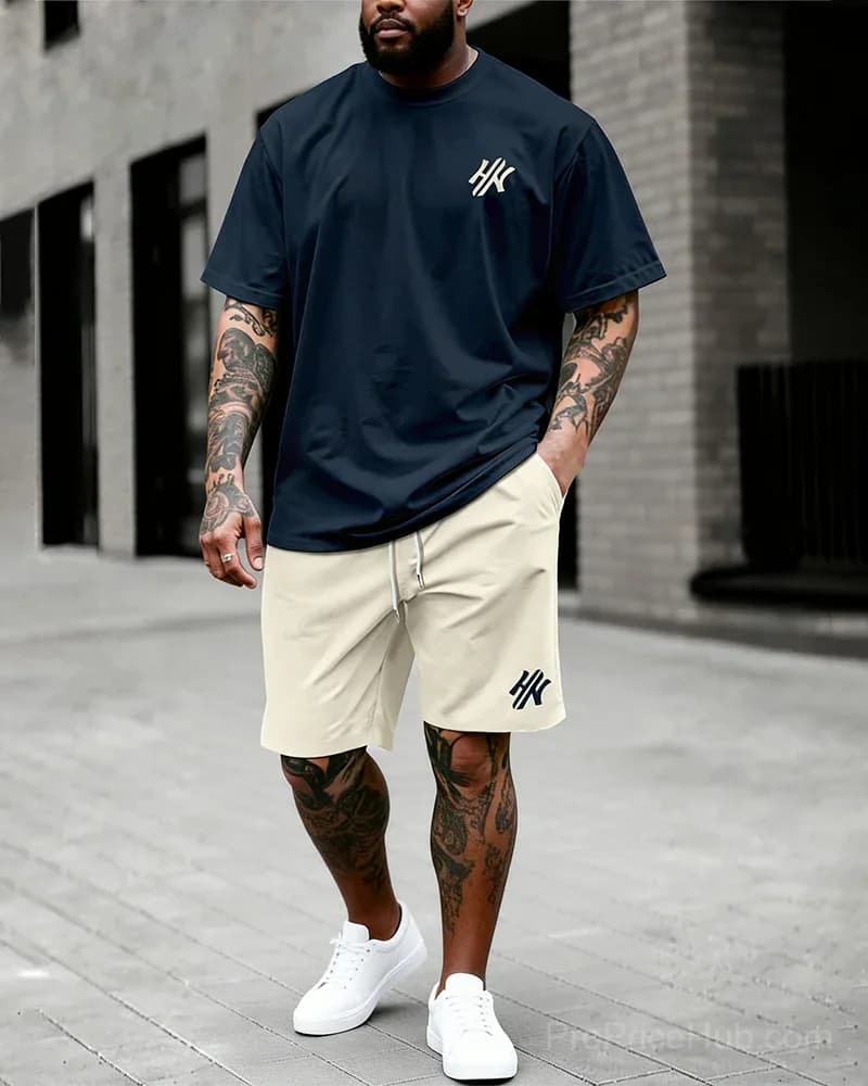 Big & Tall Men's Dark Brown Letter Print T-Shirt & Shorts Set - View 7