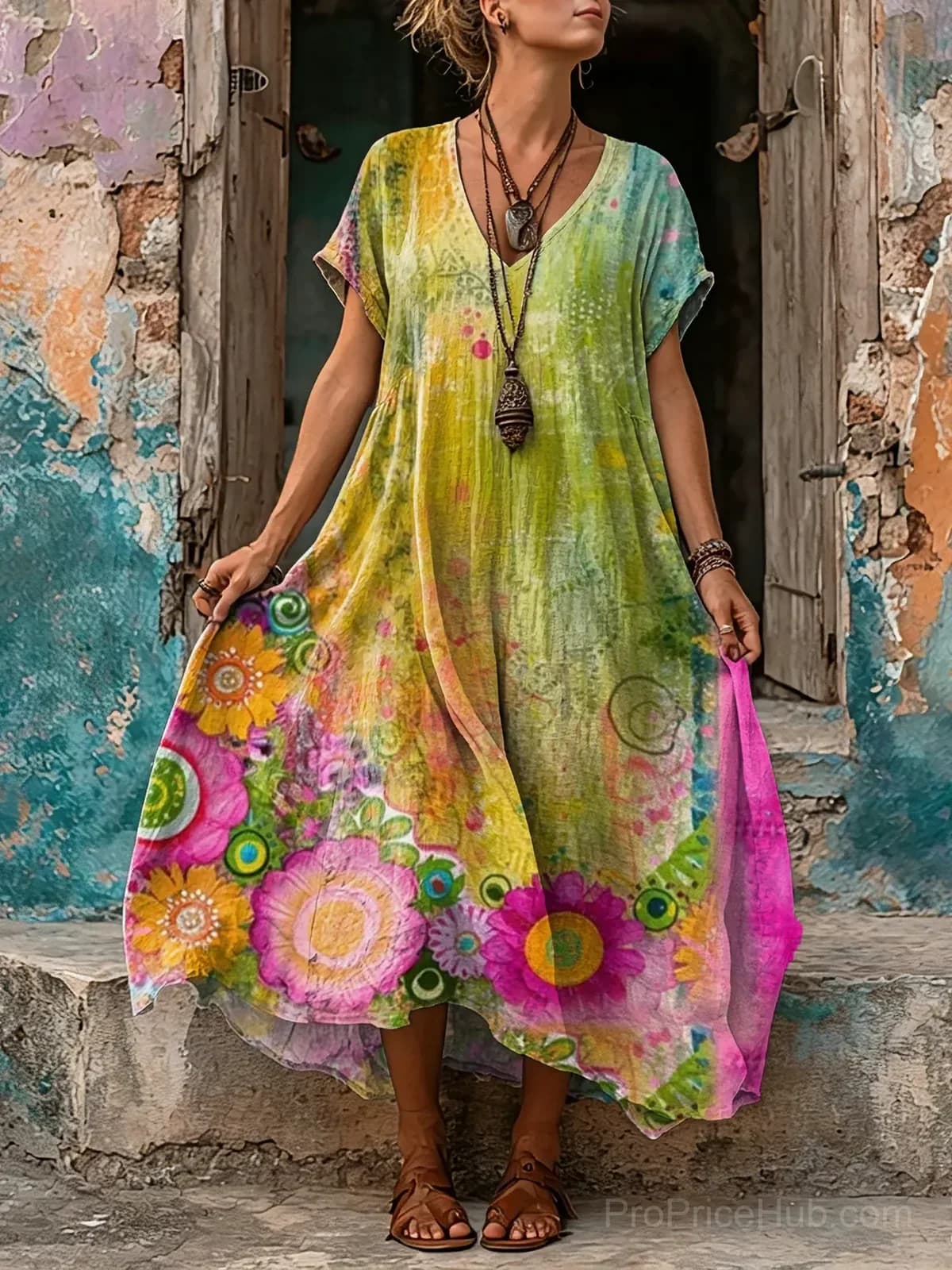 Women's Psychedelic Floral V-Neck Short Sleeve Maxi Dress - Main