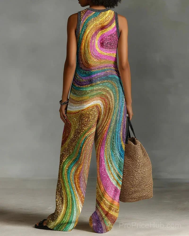 Linen Blend Color-Block Abstract Stripe Sleeveless Jumpsuit with Stand Collar - Alt