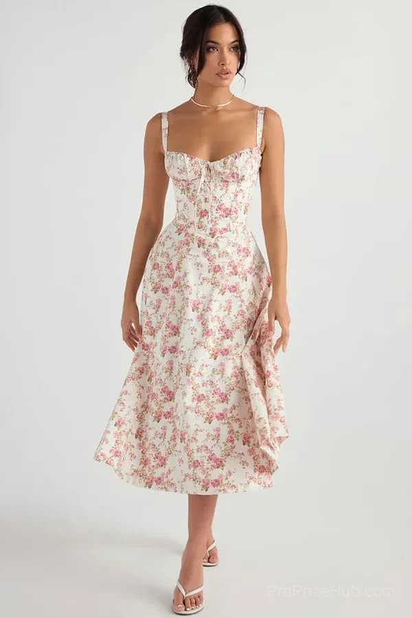 Red Floral Print Bustier Sundress, Size S - View 3