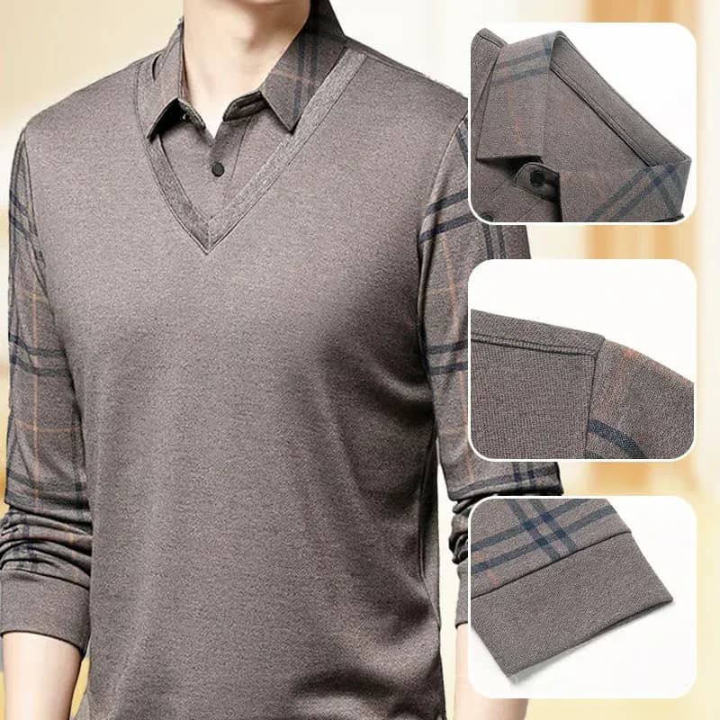 Men's Faux Two-Piece Lapel Long-Sleeve Top, Grey M - View 4