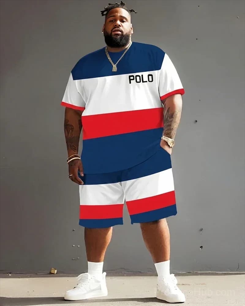Big Guy's Polo Color Stripes T-Shirt and Shorts Set - View 5