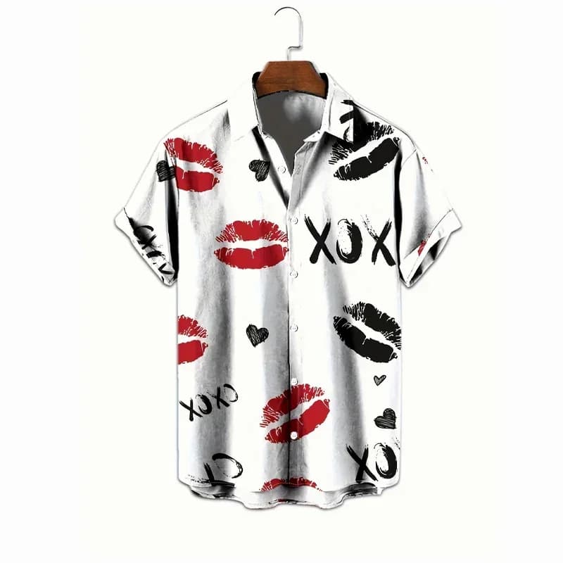 Men's Kiss Print Short-Sleeve Button-Up Shirt, Small - Main