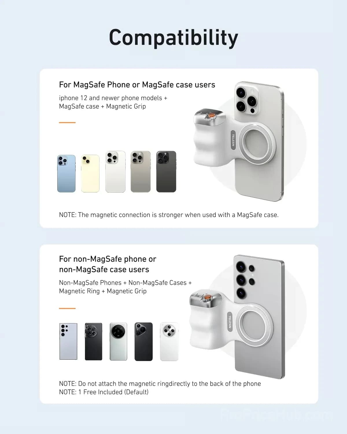 TELESIN Fun Shot Magnetic Phone Camera Grip, White, No Light - View 5