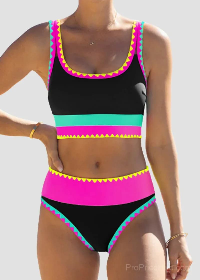 Color Contrast Patchwork Nylon 3-Piece Bikini Set - View 5