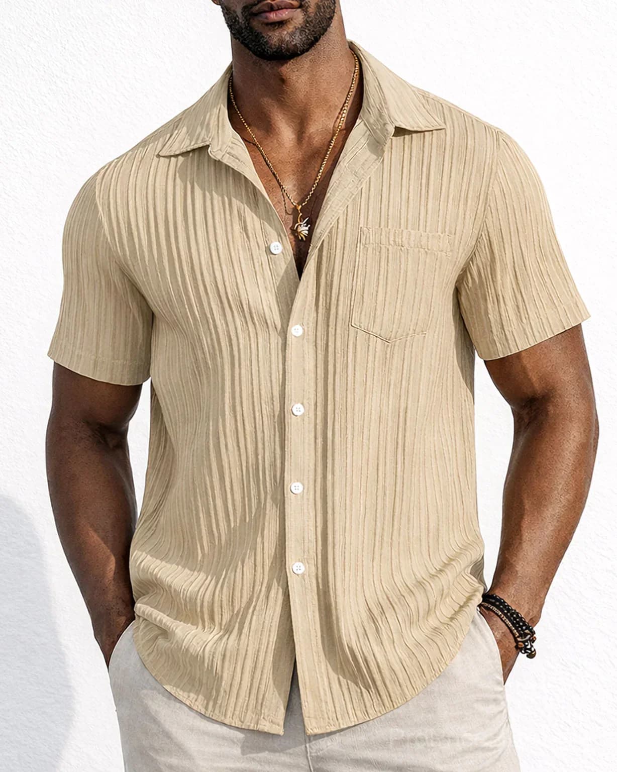 Men's Striped Jacquard Textured Short Sleeve Summer Beach Shirt - View 18