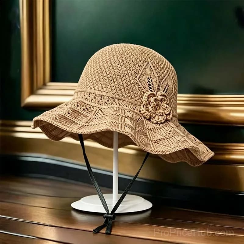 Women's Crochet Bucket Hat with Flower Accent - Main