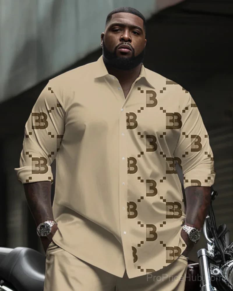 Big & Tall Men's Diamond Print Suit Set - Shirt & Pants - Alt