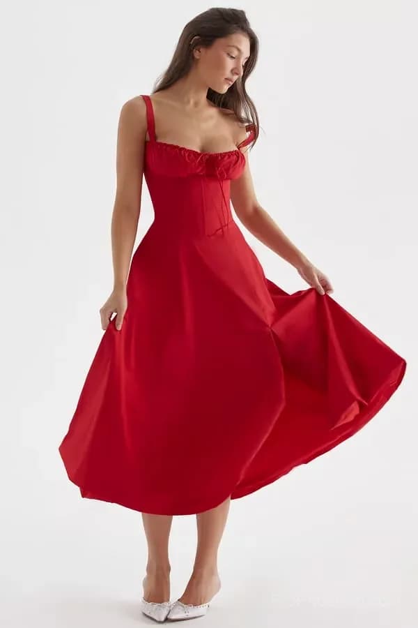 Red Floral Print Bustier Sundress, Size S - View 15